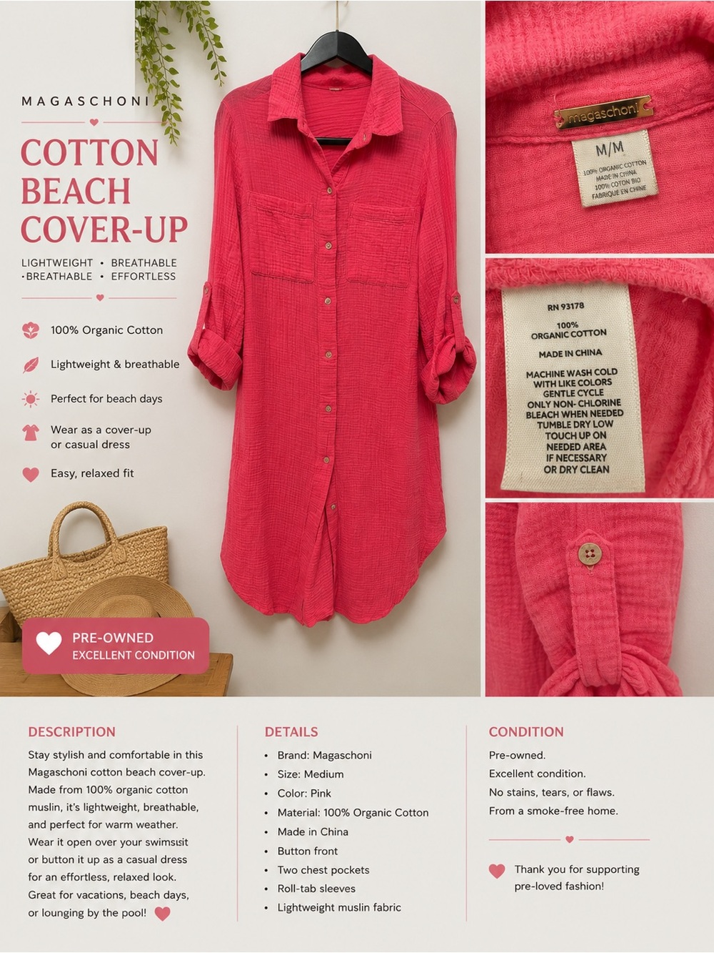 Magaschoni Hot Pink Organic Cotton Beach Shirt Cover-Up